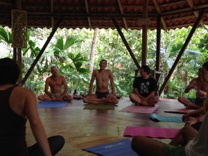 Hatha Yoga teacher Marcos Jassan shares wisdom and humour along with Juanpa and Brooks in the yoga temple space. I love yoga guided in both English and Spanish. Photo Adam Sealey